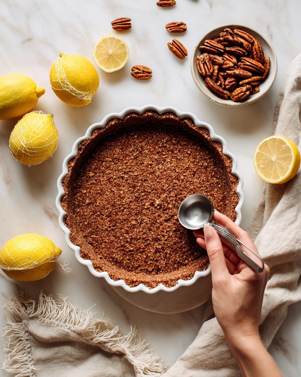 A white pie dish filled with a single layer of brown crumb crust pressed evenly on the bottom and along the sides. A woman's hand on the right side is holding a silver measuring cup, pressing the crust down flat. Around the dish, there are whole and broken pecans in a white bowl at the top right and scattered on the white marbled surface. Half a lemon is placed on the left side, and a few whole yellow lemons wrapped in netting sit in the lower left corner. A light beige cloth with fringed edges is at the bottom right corner. The scene is bright and clean with a close-up view, photo taken with an iphone --ar 4:5 --v 7