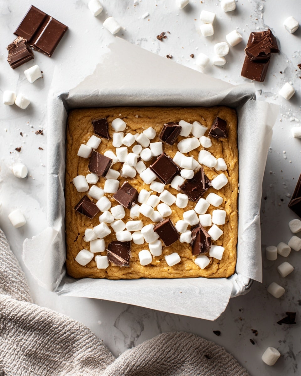 A square baking pan lined with white parchment paper is filled with a thick, golden brown batter. The batter is topped with a generous layer of small white marshmallows scattered evenly across the surface, along with irregular chunks of dark chocolate pieces spread throughout. The pan rests on a light white marbled surface with some loose marshmallows and chocolate pieces scattered nearby. There is a textured light gray cloth partly visible in the bottom left corner. Photo taken with an iphone --ar 4:5 --v 7