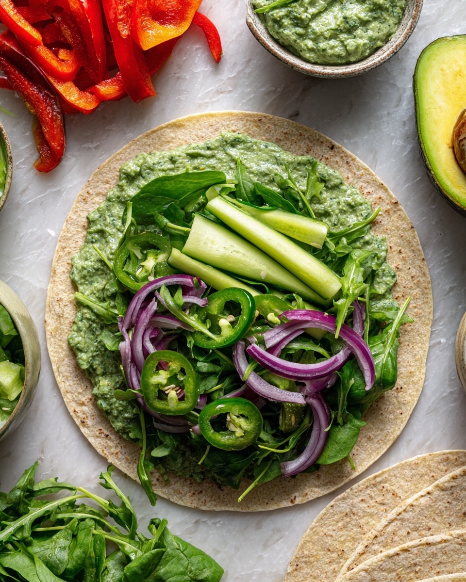 The image shows an open spinach tortilla on a white marbled surface with several fresh ingredients arranged in neat rows across the center. The bottom layer is a green creamy spread with a chunky texture. On top of that, there is a bed of mixed leafy greens including spinach and arugula, bright green thin cucumber sticks, slices of pale green avocado, sliced jarred jalapeños with a shiny, smooth texture, thinly sliced red onions with a translucent purplish hue, and roasted red bell pepper strips with slight charring and vibrant red color. Nearby, there are extra tortillas, a bowl of the green creamy spread, and part of a halved avocado. photo taken with an iphone --ar 4:5 --v 7