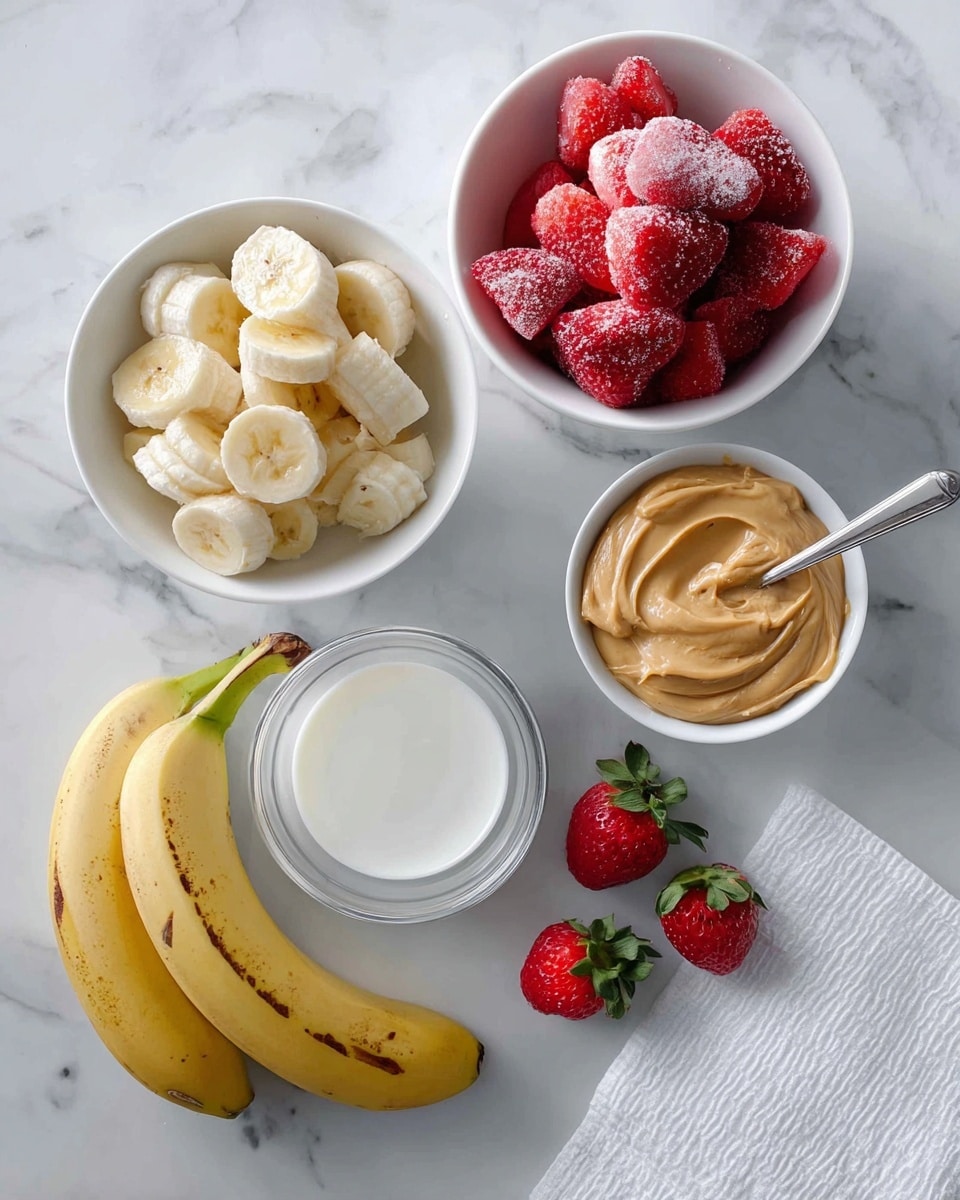 The image shows a top view of several small white bowls and a clear glass cup placed on a white marbled surface. One white bowl contains peeled banana slices that are pale yellow, another white bowl holds fresh red strawberries with green tops, and a third white bowl has bright red frozen strawberries covered lightly with frost. Next to these bowls, there is a small white bowl filled with creamy light brown peanut butter with a silver spoon resting inside. Below these bowls, a clear glass cup holds white milk. In the lower-left corner, two ripe yellow bananas with brown spots rest on the white marbled surface, and on the right side, two small strawberries are placed beside the bowls. A white cloth with a textured pattern lies near the bottom right corner. photo taken with an iphone --ar 4:5 --v 7