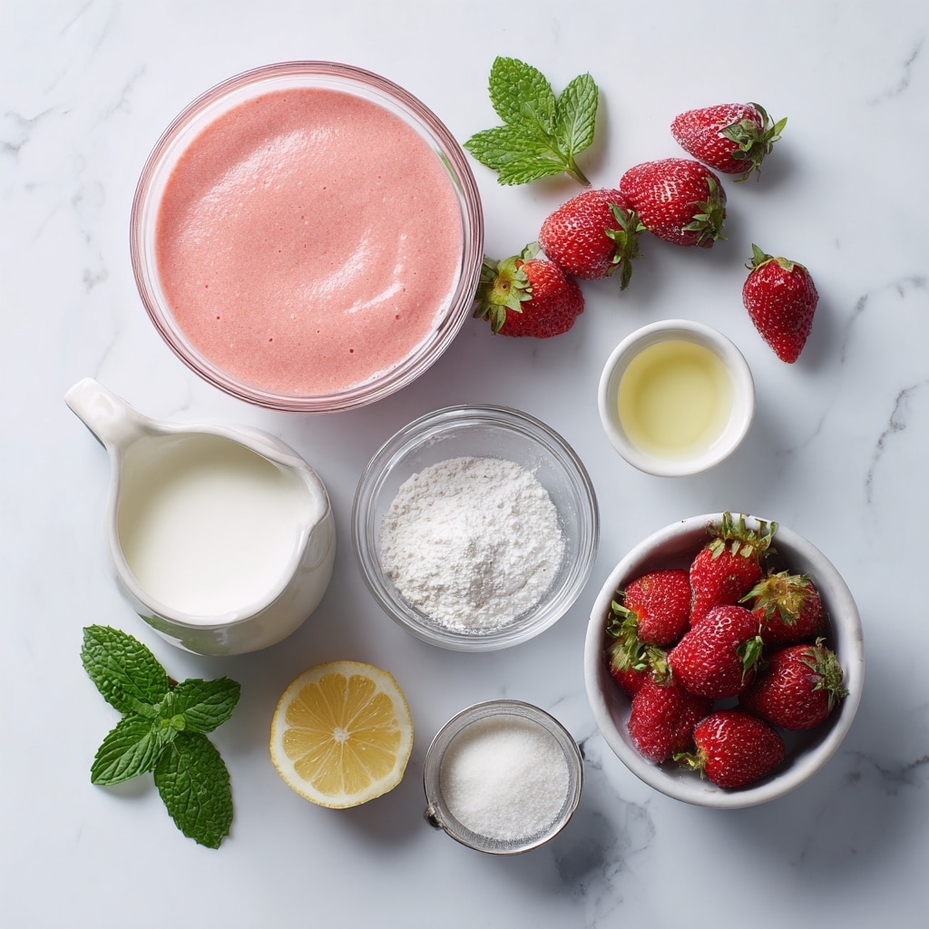 A set of four images showing steps of making a strawberry mixture. The first image shows a white bowl with red strawberries being blended using a white hand blender, the strawberries are both whole and partly crushed with a thick red texture and some juice splattered on the bowl edges. The second image shows a woman's hand squeezing a lemon wedge over a smooth thin red strawberry liquid inside a white bowl on a white marbled surface. The third image shows the same bowl with the red strawberry liquid and a heap of white powdered sugar being poured in. The fourth image shows a white bowl with a pale pink creamy strawberry mixture being stirred with a pink spatula, held by a woman's hand, with the bowl on a white marbled surface. photo taken with an iphone --ar 4:5 --v 7