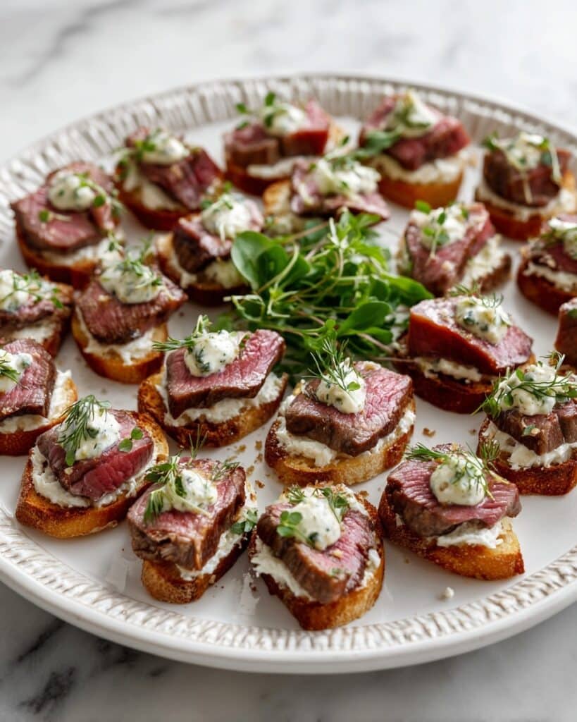 Beef Tenderloin Crostini with Whipped Goat Cheese and Pesto Recipe