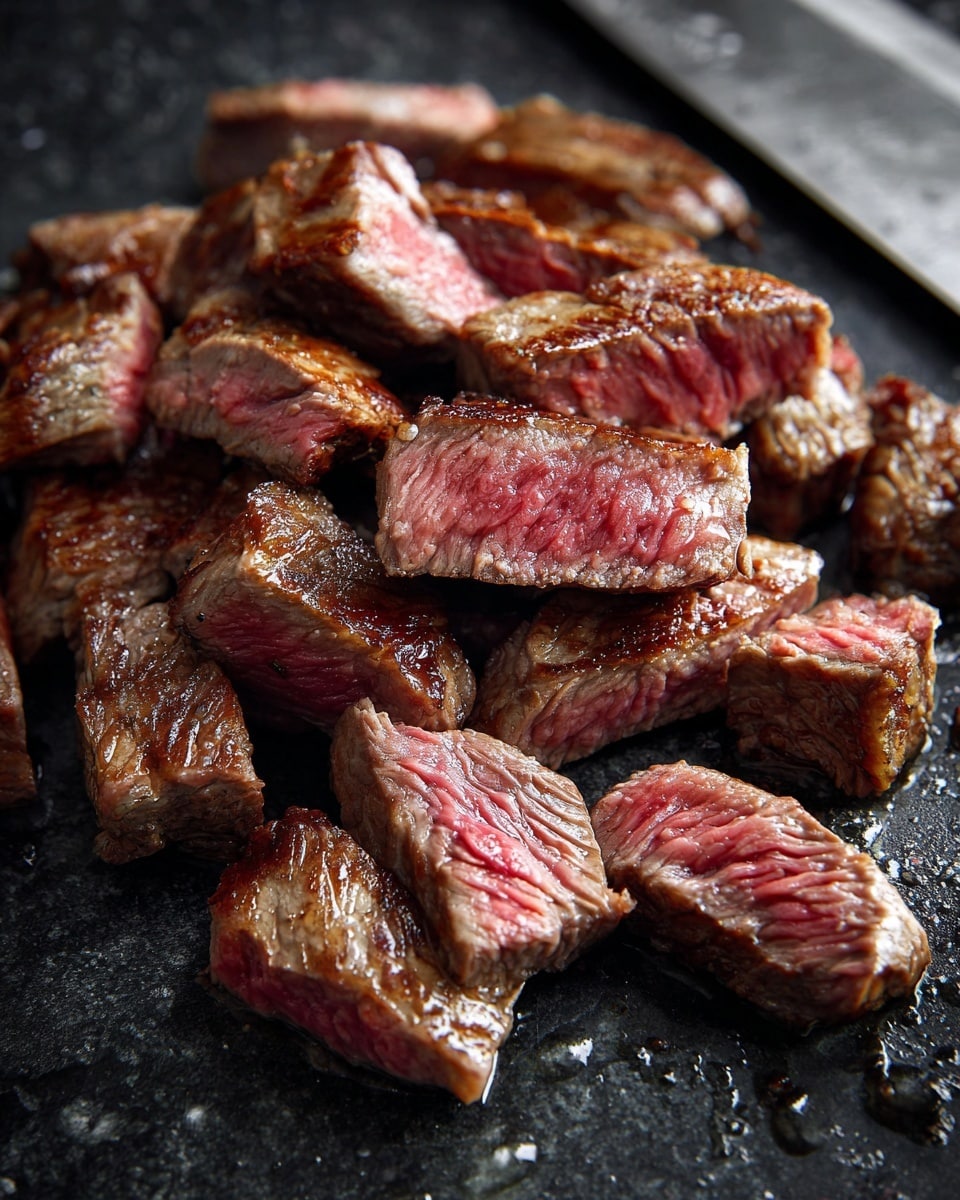 A pile of sliced steak pieces is shown on a black surface. The steak slices have a light brown, seared outer edge and a pink center, showing they are cooked medium rare. The pieces vary in thickness and are arranged loosely in a cluster. On the right edge, a large knife blade is partly visible above the steak, showing some juice and meat texture. The background is slightly out of focus, highlighting the juicy, tender look of the steak slices. photo taken with an iphone --ar 4:5 --v 7