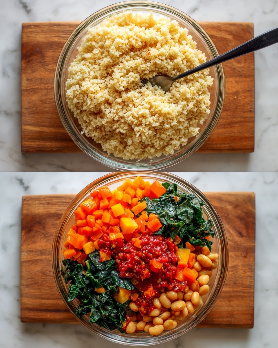 The first image shows a clear glass bowl placed on a wooden board, filled with a light beige grain that looks soft and fluffy, with a black fork resting inside it. The second image has the same bowl on the same board, but it is topped with colorful cooked vegetables arranged in three sections: green leaves, bright orange cubes, and a red sauce with beans, creating a vibrant contrast against the grain base. Both images are set on a white marbled surface. Photo taken with an iphone --ar 4:5 --v 7