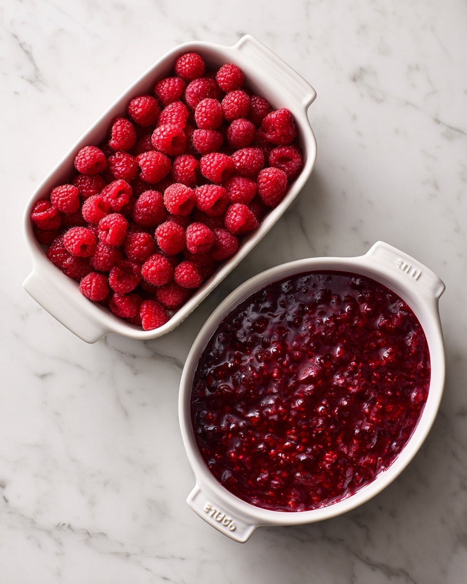 The image shows two white ceramic baking dishes on a white marbled surface. The dish on the left is filled with a single layer of whole raspberries, giving it a bright red and textured look with small round berries. The dish on the right shows a deep red thick mixture with raspberries, looking chunky and glossy, spread evenly to cover the whole surface of the dish. The stovetop underneath is dark with some control markings visible. photo taken with an iphone --ar 4:5 --v 7