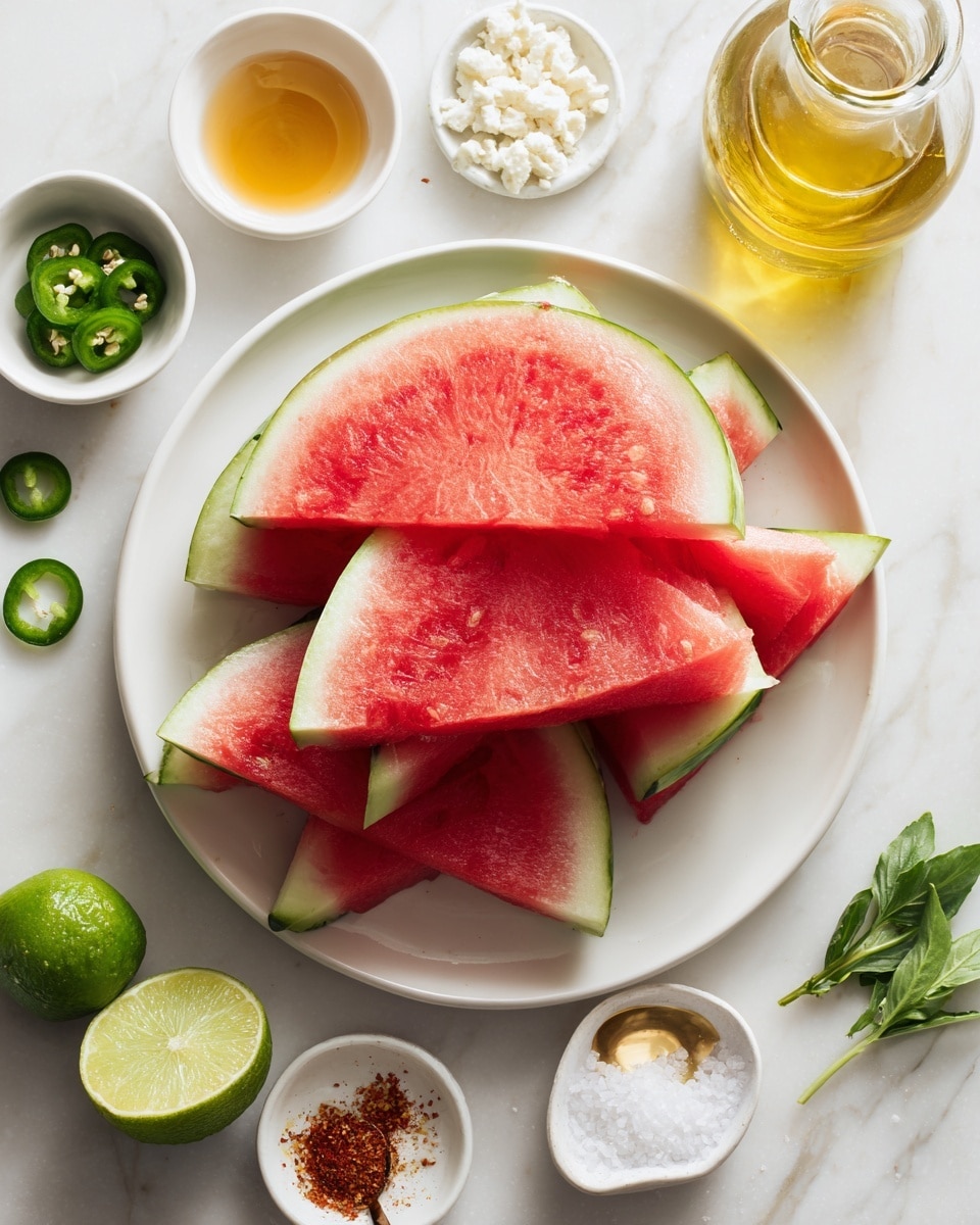 The image shows a clear glass bowl with light yellow liquid inside and a whisk with a wooden handle resting in the bowl at the center of the frame. To the top left, there is a white plate filled with red watermelon slices that have green rinds and some white inside the rind. To the right of the plate, a small white bowl contains green sliced jalapenos with visible seeds. Nearby, another small white bowl holds red chili powder. In the lower part of the image, fresh green cilantro with stems lies on a white marbled surface. On the left side, two bright green lime halves are placed next to the bowl. The whole setting is on a clean white marbled surface photo taken with an iphone --ar 4:5 --v 7