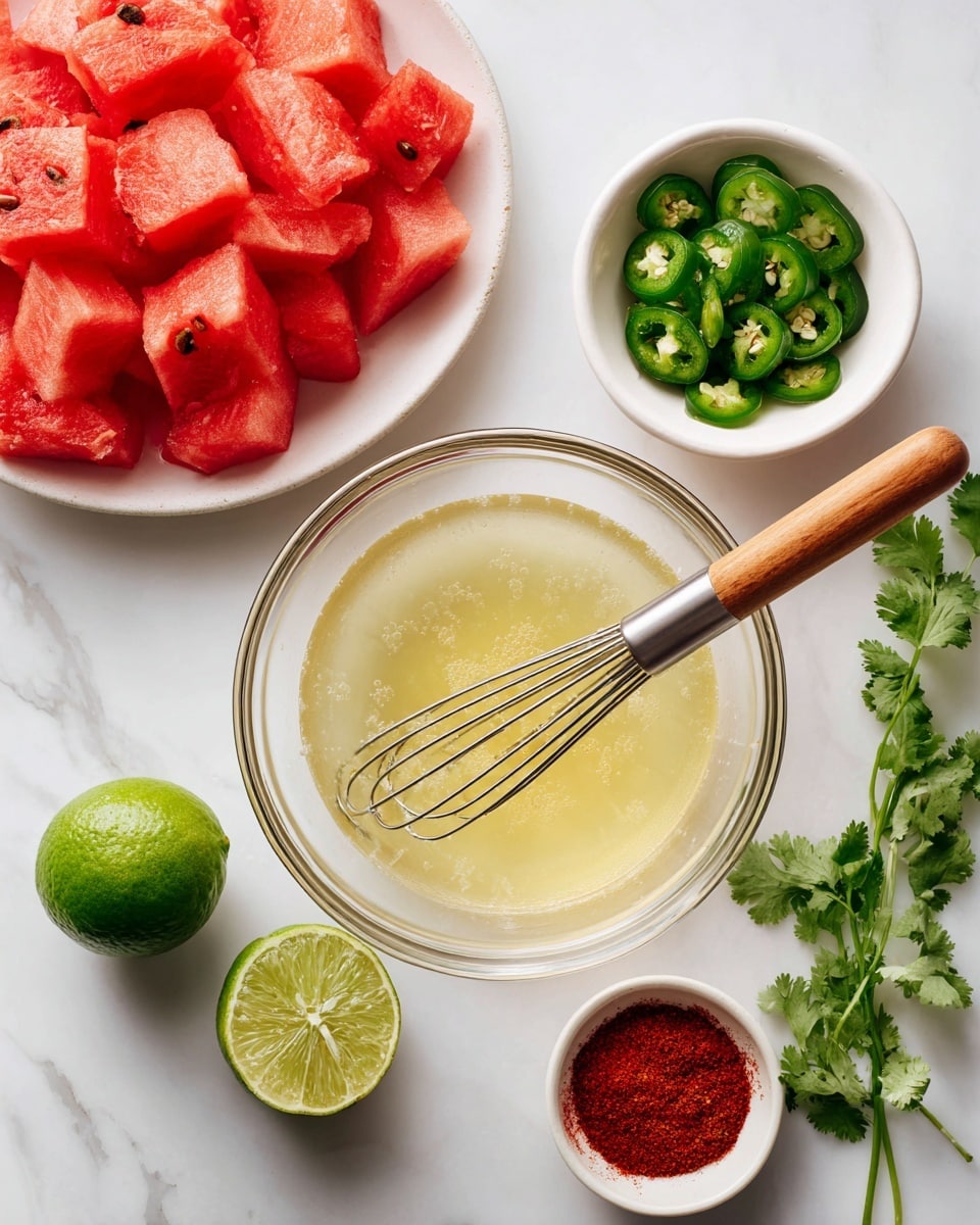 A white oval dish holds two layers of bright red watermelon slices with green rinds, arranged neatly to cover the plate. Each watermelon slice is topped with small white crumbles of cheese, thin green slices of jalapeno peppers, and scattered fresh chopped herbs, adding pops of green. Around the plate, fresh green herb sprigs and whole jalapenos add color and freshness. Two half lime pieces sit near the bottom of the plate, showing juicy, light green interiors. Nearby, small white bowls hold coarse salt with a gold spoon and red chili powder. The whole scene is set on a white marbled surface with light natural lighting that highlights the fresh, vibrant colors. photo taken with an iphone --ar 4:5 --v 7