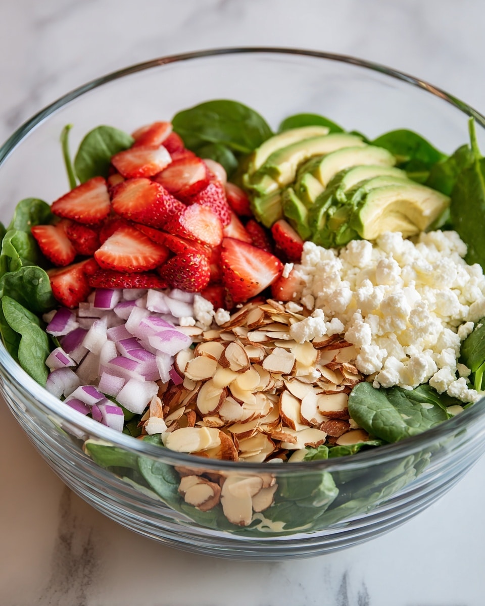 A clear glass bowl sits on a white marbled surface filled with a fresh salad. At the base, there is a layer of green spinach leaves. On top, arranged in sections, are thin slices of avocado in light green, red strawberry pieces, thinly sliced light purple onion, crumbled white cheese, and a pile of light brown almond slivers. The colors are bright and natural, with the textures ranging from soft avocado and cheese to the crunchy almonds. Photo taken with an iphone --ar 4:5 --v 7
