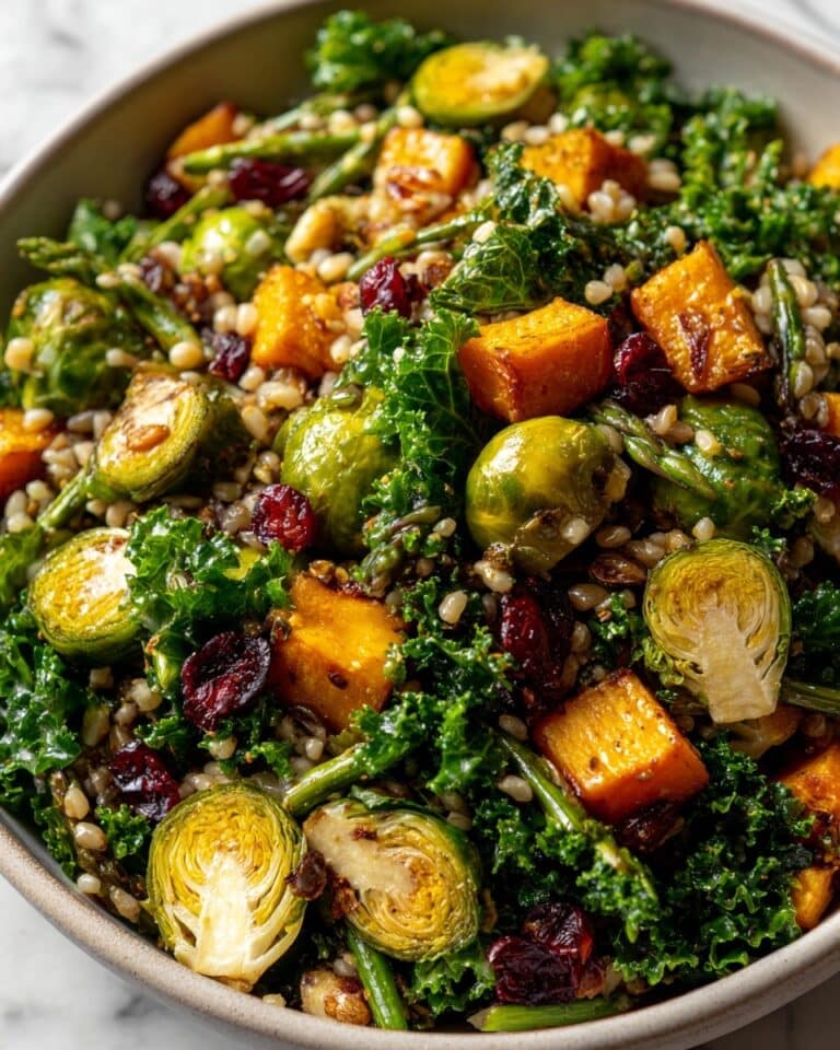 Autumn Kale Salad with Roasted Squash, Brussels Sprouts, and Farro Recipe