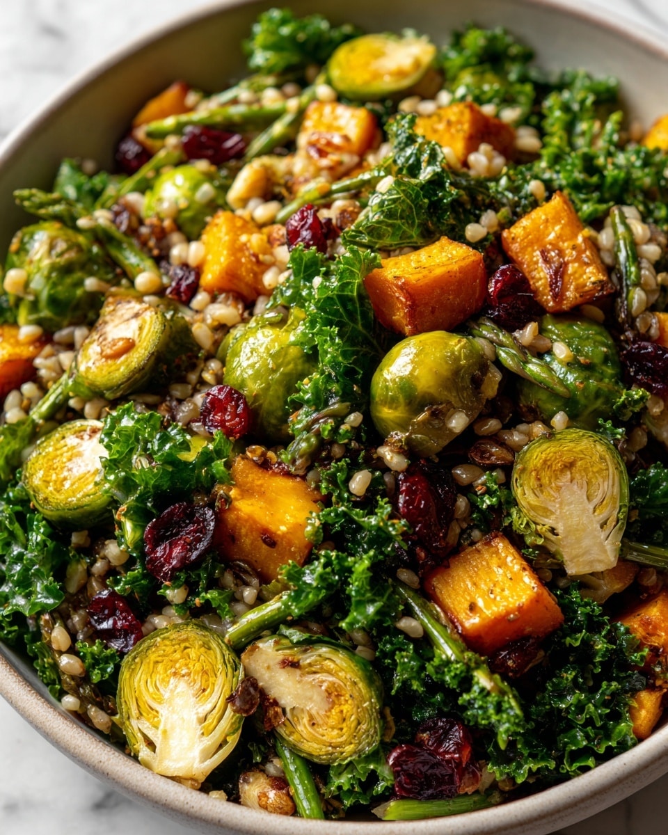 Autumn Kale Salad with Roasted Squash, Brussels Sprouts, and Farro Recipe