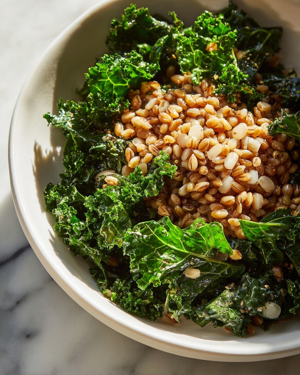 A close-up of a dish with two main layers: the bottom layer is fresh, curly green kale leaves with a slightly rough texture, filling most of the space, and the top layer consists of a heap of cooked, plump light brown grains spread unevenly over the kale, with light catching on the grains to show slight shine. The dish is in a white bowl placed on a white marbled surface, and sunlight highlights the textures and colors vividly. photo taken with an iphone --ar 4:5 --v 7