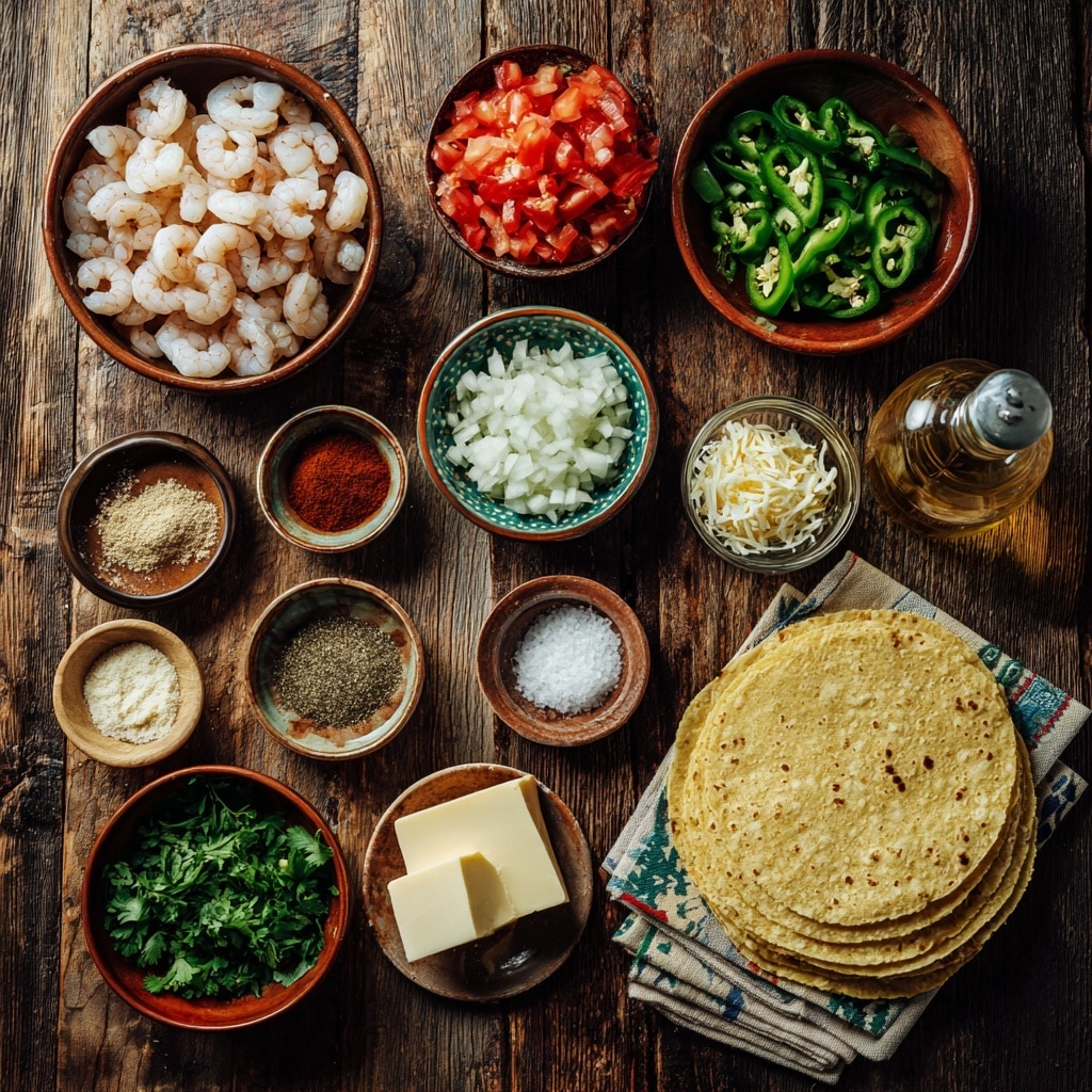 The image shows a white plate filled with five small folded yellow corn tortillas, each layered with a mix of cooked shrimp, diced red tomatoes, green herbs, and melted white cheese. The shrimp pieces are pink and succulent, spread evenly inside each tortilla that is slightly browned on the edges. Fresh green cilantro leaves are scattered on top and around the tacos, adding a pop of color and freshness. The plate rests on a white marbled surface, giving a clean and bright background. photo taken with an iphone --ar 4:5 --v 7