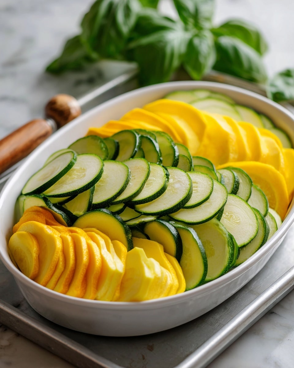 The image shows a white oval dish filled with two layers of thinly sliced vegetables. The bottom layer is made of bright yellow slices of squash, creating a smooth, firm base. The top layer consists of green zucchini slices, lightly overlapping each other, showing a fresh and slightly moist texture. In the background, there are fresh green basil leaves and a wooden handle attached to a metal tray surrounding the dish, all resting on a surface with a white marbled texture. The lighting emphasizes the fresh, vibrant colors of the vegetables. photo taken with an iphone --ar 4:5 --v 7