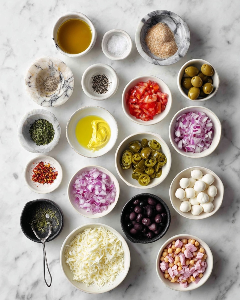 The image shows 15 small white bowls and cups on a white marbled surface, each holding different ingredients arranged loosely in a grid. Starting from the top left, there is a small cup with a light brown liquid, then a marble bowl with coarse salt and pepper, a small cup with golden oil, and a tiny plate with finely minced garlic. Below, a bowl with chopped dark green herbs, a small white plate with a swirl of yellow mustard, a small silver bowl with red chili flakes, and a black dish with green dried herbs. Further down are a bowl with finely chopped purple onions, a bowl with diced red tomatoes, a small white measuring cup half full of sliced green pickled jalapeños, and a small white measuring cup half full of sliced black olives. Near the bottom, a bowl with finely grated white cheese, a bowl filled with white beans, a bowl of chickpeas, a speckled bowl filled with halved red grape tomatoes, a white measuring cup holding chopped pink cured meat, and a bowl of small round white mozzarella balls. The bowls and cups are spaced to show each ingredient clearly. Photo taken with an iphone --ar 4:5 --v 7