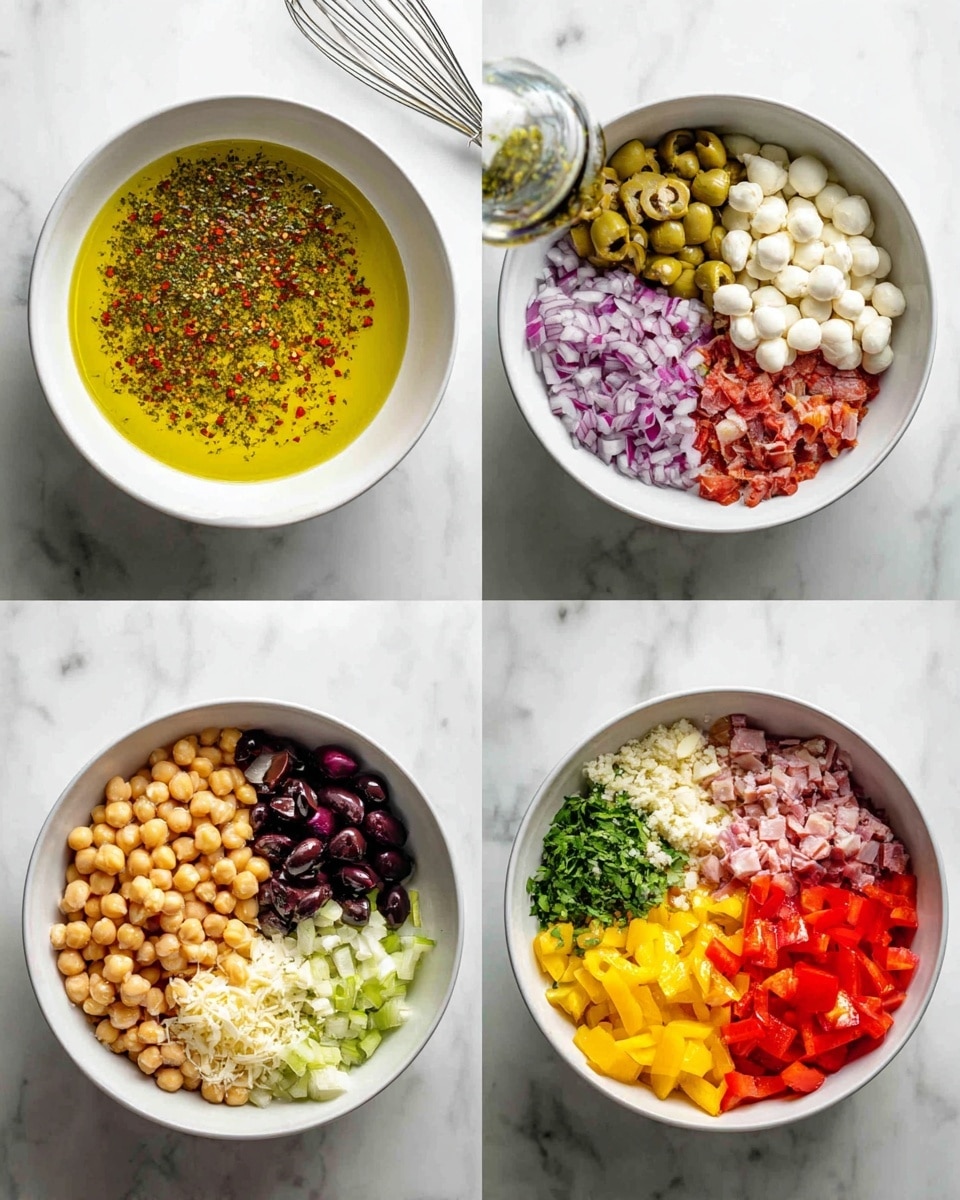 The image shows four stages of making a colorful salad served in a white bowl on a white marbled surface. The first stage has a white bowl with a yellow-green oil mixture topped with dried herbs and red pepper flakes, next to a small whisk. The second stage features a white bowl with neat piles of separate ingredients: small white cheese balls, chopped bright red tomatoes, yellow sliced peppers, chickpeas, white beans, finely chopped purple onions, diced red bell peppers, chopped dark olives, green herbs, shredded white cheese, and diced pink cured meat. The third stage captures a woman's hand pouring the herb oil mixture over the salad ingredients already assembled in the same white bowl. The fourth shows the salad fully mixed, displaying a colorful combination of white cheese balls, red tomato pieces, chickpeas, white beans, yellow peppers, green herbs, and bits of pink cured meat and dark olives. Photo taken with an iphone --ar 4:5 --v 7
