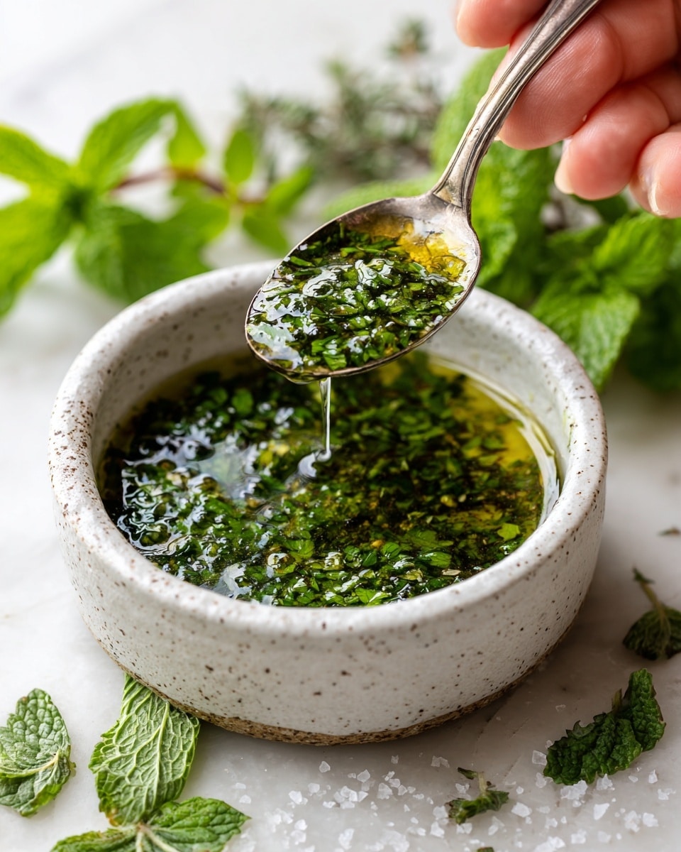 A speckled ceramic white bowl filled with a green herb sauce that has a shiny, slightly oily surface with small bits of chopped herbs floating in it. A silver spoon holds some sauce above the bowl, showing the texture of the sauce clearly. Around the bowl on a white marbled surface are scattered fresh green herbs including mint and parsley leaves, along with some coarse salt. A woman's hand is holding the spoon from the right side of the image. photo taken with an iphone --ar 4:5 --v 7