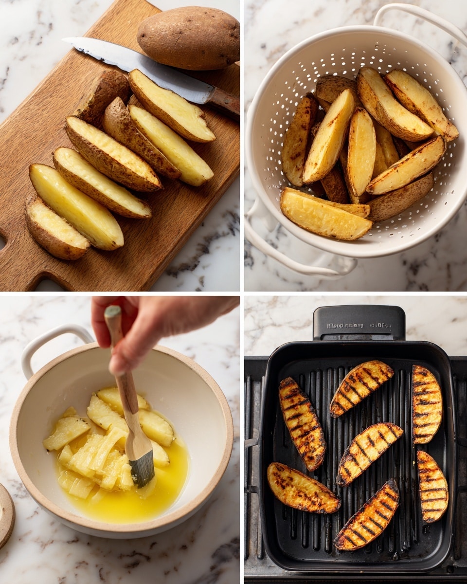 The image shows four steps of making grilled potato wedges arranged in a grid. The top left section displays a wooden board on a white marbled surface with several brown potato wedges, a whole potato, and a knife, showing the wedges cut thick with a firm texture and creamy white inside. The top right section has a white colander filled with the raw potato wedges, highlighting their firm brown skins contrasting with the pale inside. The bottom left section shows the wedges in a white bowl with a woman’s hand stirring them in a yellow marinade, with the wedges glistening from the coating. The bottom right section presents the wedges spaced evenly on a black grill pan, showing dark grill marks on the golden brown wedges, indicating they are cooking. Photo taken with an iphone --ar 4:5 --v 7