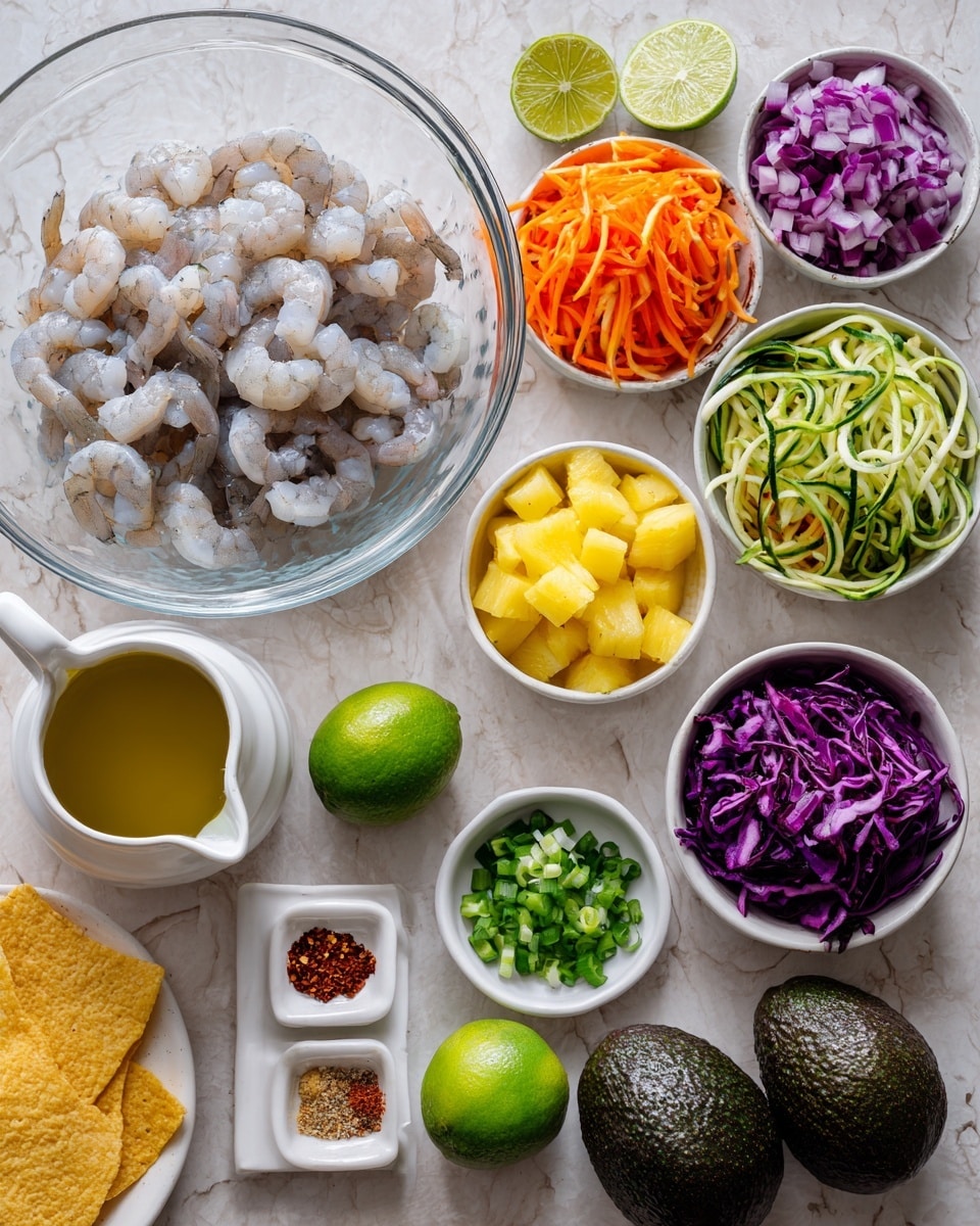 A clear glass bowl in the center shows raw peeled shrimp, light gray and white in color, with a smooth, slightly wet texture. Above the shrimp bowl is a large white bowl filled with thin, long strips of mixed vegetables including light green zucchini, orange carrot, and purple cabbage, showing a mix of smooth and crispy textures. Surrounding these main bowls are smaller white bowls and dishes holding finely chopped purple onions, small diced yellow pineapple, chopped green jalapeños, sliced green onions, and fresh cilantro leaves. Near the bottom left, there is a white sauce pitcher filled with golden olive oil, beside a small white plate with an assortment of colorful spices in red, beige, green, and brown tones. There are two halved limes with bright green flesh near the shrimp bowl. At the bottom left, a few yellow corn tortillas rest on the white marbled surface, and two whole dark green avocados with rough skins are placed at the bottom right. The entire setup is on a white marbled background, giving a clean and fresh look. Photo taken with an iphone --ar 4:5 --v 7
