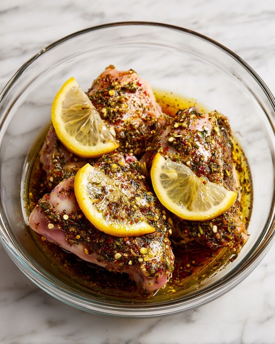 A clear glass bowl sits on a white marbled surface, holding three raw chicken pieces layered side by side and covered in a dark, textured marinade of finely chopped garlic, herbs, and spices. The marinade’s oily surface reflects light, contrasting with the pale pink of the chicken. On top of the chicken rests two thin slices of lemon, adding a bright yellow color to the composition. photo taken with an iphone --ar 4:5 --v 7