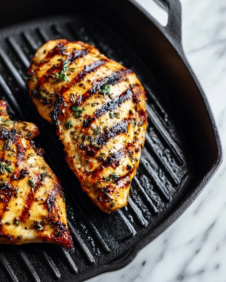 Two grilled chicken pieces with dark brown char lines lie side by side in a black cast iron grill pan. The chicken has a golden brown color with slightly darker spots from the grilling, showing a textured surface with herbs. The pan has ridges running horizontally beneath the chicken, and faint steam rises from it. The pan is set on a white marbled surface. photo taken with an iphone --ar 4:5 --v 7