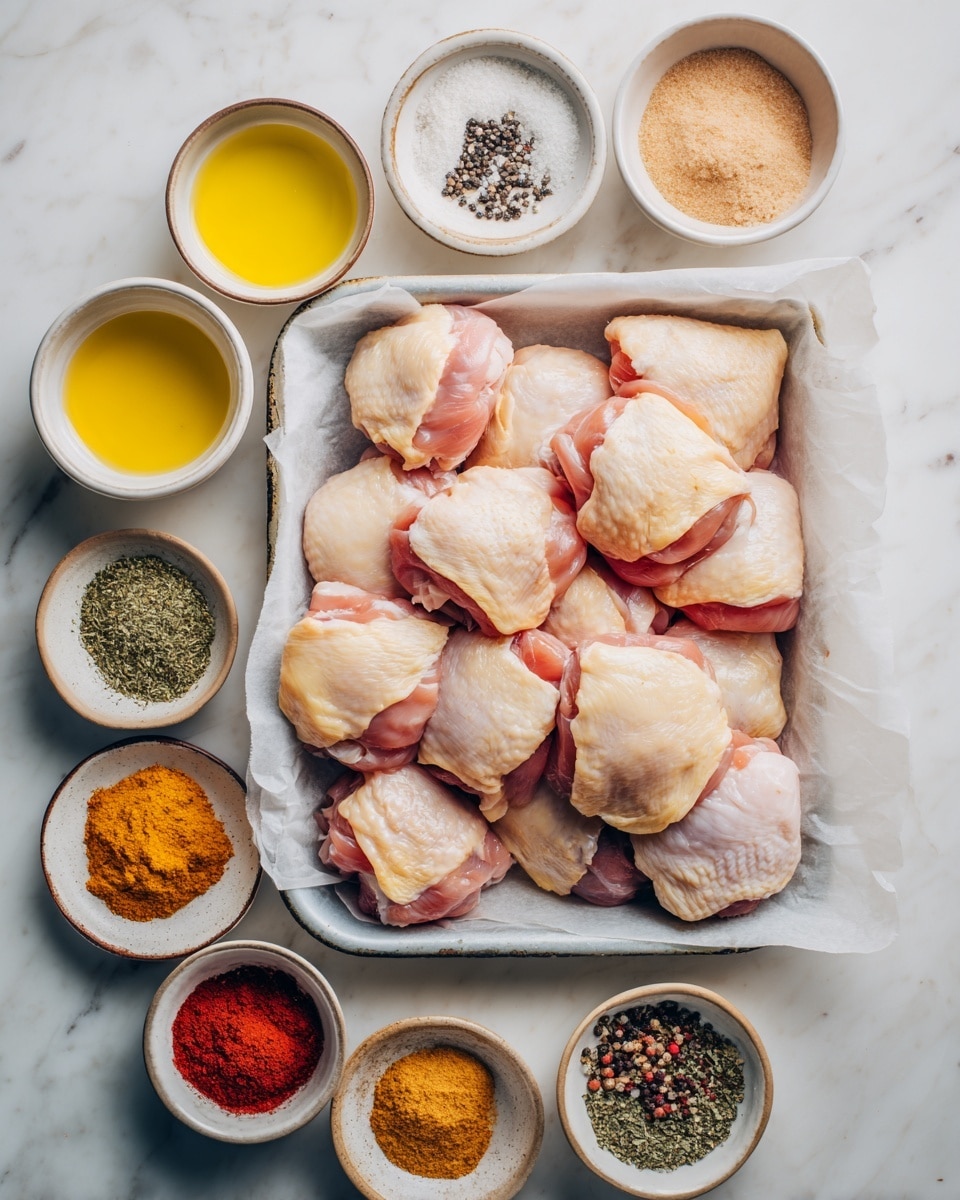 A tray lined with white parchment paper holds many raw, pale pink chicken thighs arranged close together, some overlapping. Around the tray, there are nine small white bowls and plates, each containing different spices and seasonings: a bowl with bright yellow olive oil at the bottom left, a bowl with light brown sugar to the right, a bowl with fine beige powder above that, and a bowl with coarse black and white salt and pepper mix near the center. There are also small plates with green dried herbs, bright orange-red paprika powder, light yellow garlic powder, and various other finely ground spices. All these items rest on a white marbled surface. photo taken with an iphone --ar 4:5 --v 7