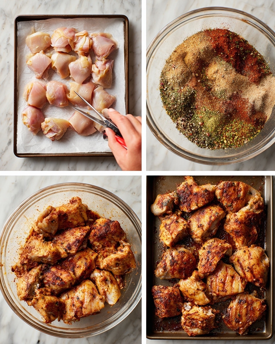 The image is divided into four parts showing stages of preparing marinated chicken thighs. The top left section shows raw pale pink chicken pieces spread on white paper over a tray, while a woman's hand is using scissors to trim a string from one piece. The top right section shows a clear glass bowl filled with raw chicken pieces topped with layers of colorful dry spices and herbs, including green, light brown, red, and black powders. The bottom left section shows the chicken in the same glass bowl, now fully mixed with the spices, turning their surface a rich reddish-brown color with a slightly wet texture. The bottom right section has cooked chicken pieces placed in a dark gray baking tray, showing a deep golden brown color with clear dark grill marks and a slightly shiny surface from cooking juices. The background in all sections is a white marbled texture photo taken with an iphone --ar 4:5 --v 7