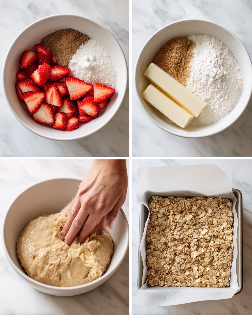 The image is divided into four parts, each showing different stages of making a dessert. In the top left, a white bowl holds sliced red strawberries with light and dark brown powders and white powder on top, creating layers of red, light brown, and white. The top right shows a white bowl with two light yellow sticks of butter, brown sugar, and white sugar placed side by side, showing layers of pale yellow, light brown, and white. The bottom left displays the same white bowl with a thick pale brown dough mixed with white flour and raw oats, creating a layered texture of smooth dough and rough oats. The bottom right shows a square baking pan lined with white paper filled with crumbly pale golden oat dough, where a woman's hand presses the dough down, leaving visible hand marks. The surface throughout the images is a white marbled texture. photo taken with an iphone --ar 4:5 --v 7