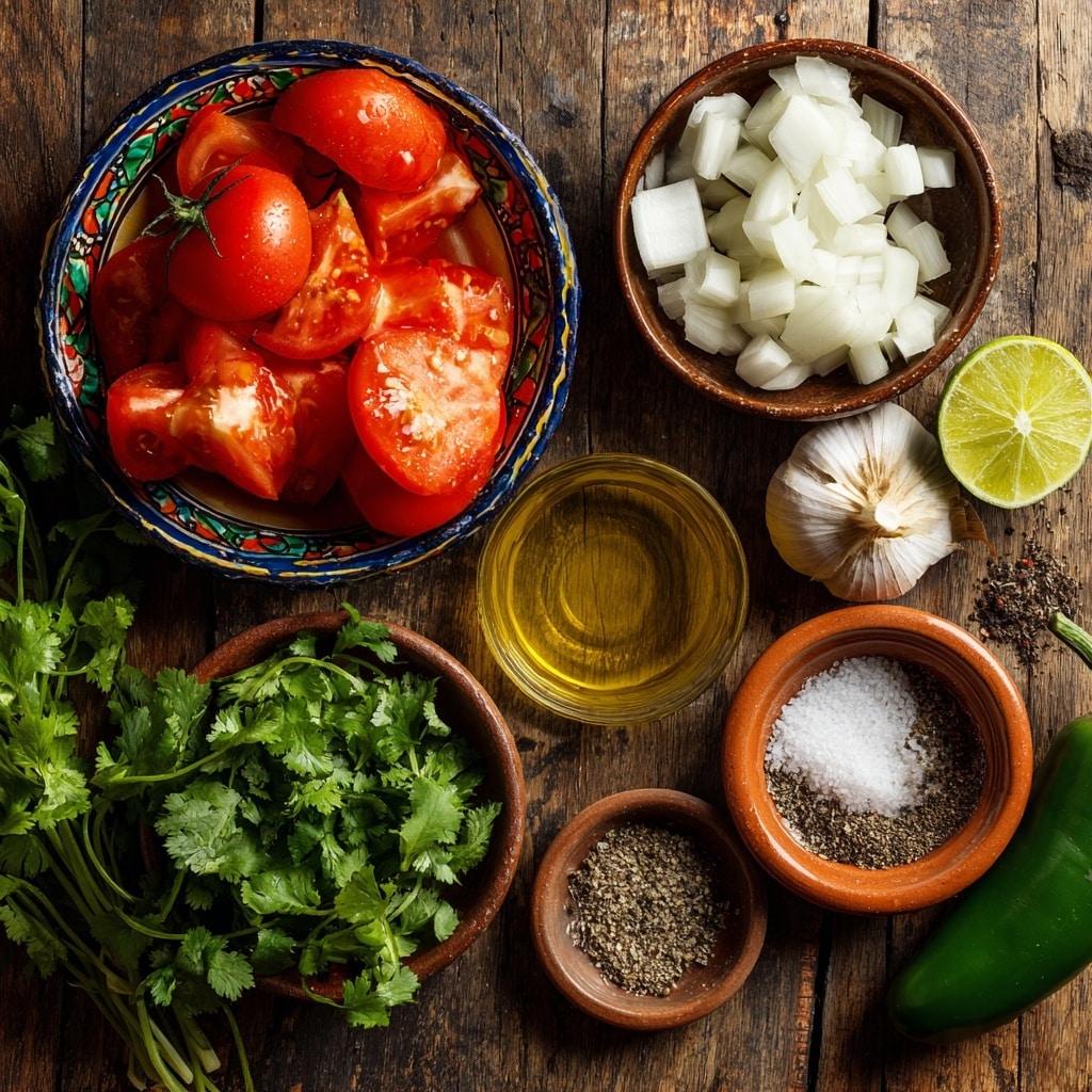 The image shows a four-step process of making salsa. The first part displays a black cast iron pan with fresh vegetables: medium-sized red tomato halves, green jalapeño peppers cut in half, and quartered white onions, all raw and brightly colored. The second part shows the same pan after cooking, where the tomato halves have a charred, deep red and slightly blackened look, the jalapeños have grill marks, and the onions are lightly browned with a translucent texture. The third part features a close-up of the cooked vegetables inside a blender with visible grill marks and softened textures, ready to be blended. The last part shows a white bowl filled with chunky, reddish-brown salsa that includes finely blended bits of tomato, jalapeño, and onion, alongside a small pile of cilantro leaves, a gray bowl of salt, and two lime wedges on a white marbled surface. Photo taken with an iphone --ar 4:5 --v 7