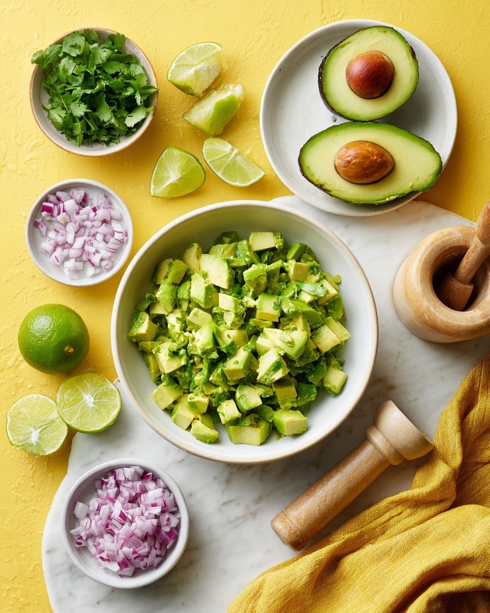 The image shows a white bowl filled with chopped green avocado pieces in the center on a bright yellow background. Around the bowl are several white small bowls holding finely chopped red onion, green chopped chili, and chopped green cilantro. Next to these, there is a white round plate holding two avocado halves, one with a seed and one without. There are several lime wedges scattered near a halved lime and a wooden citrus juicer with a light brown handle. A stone pestle with a wooden handle lies diagonally near the bowl of chopped avocado. The whole scene rests on a white marbled surface with a yellow cloth partially visible on the bottom right corner. photo taken with an iphone --ar 4:5 --v 7