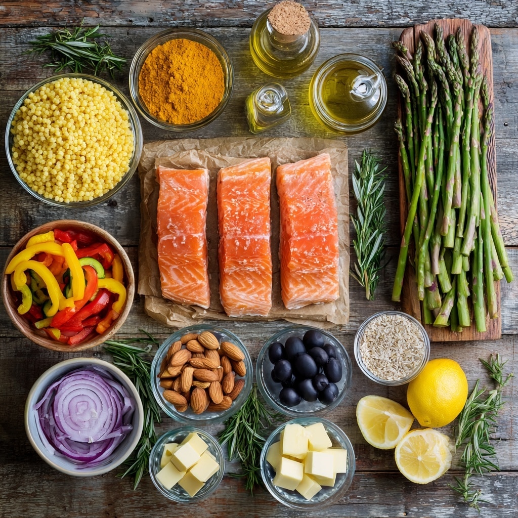 The dish shows a piece of cooked salmon with a pink-orange color, placed on top of a bed of yellow couscous mixed with green beans, red and yellow bell pepper strips, black olives, and sliced zucchini. A slice of lemon and a small sprig of rosemary lie on top of the salmon. The food is served on white parchment paper inside a white bowl, with a shiny fork resting on the salmon and a knife nearby on the white marbled surface. A slice of lemon is also slightly visible to the side. Photo taken with an iphone --ar 4:5 --v 7