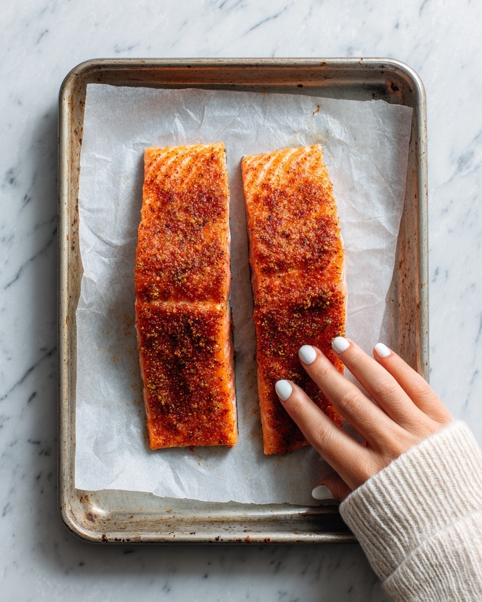 Two rectangular pieces of salmon with a dark reddish-brown spice rub on top lay side by side on a sheet of white parchment paper inside a metal baking tray with a worn texture. A woman's hand with pale skin and long white nails gently touches the lower piece of salmon, creating a sense of scale. The background is a white marbled texture. photo taken with an iphone --ar 4:5 --v 7