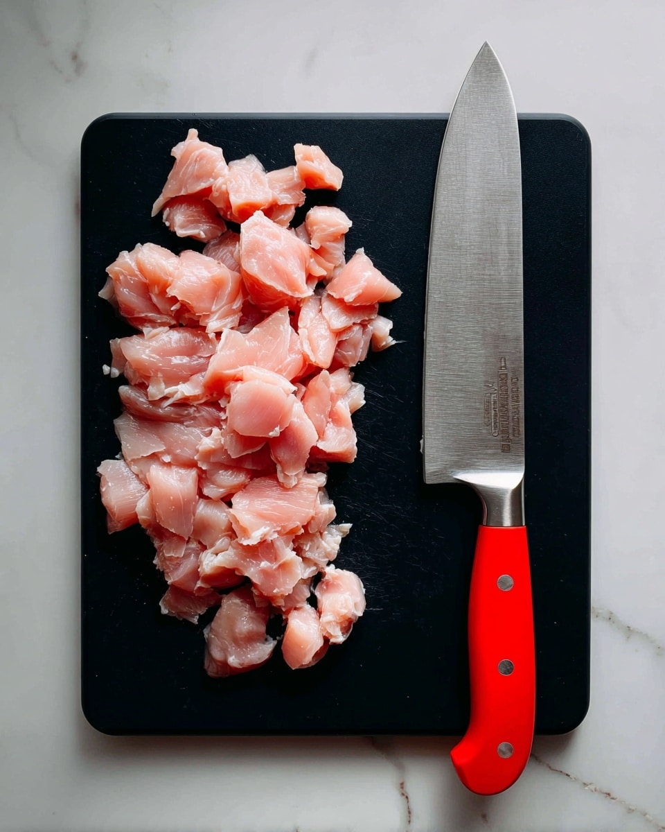 A black cutting board with small pieces of pale pink raw chicken spread across the left side, next to a large kitchen knife with a silver blade and bright red handle lying flat on the right side. The cutting board is set on a white marbled surface, with no other items visible in the frame. Photo taken with an iphone --ar 4:5 --v 7