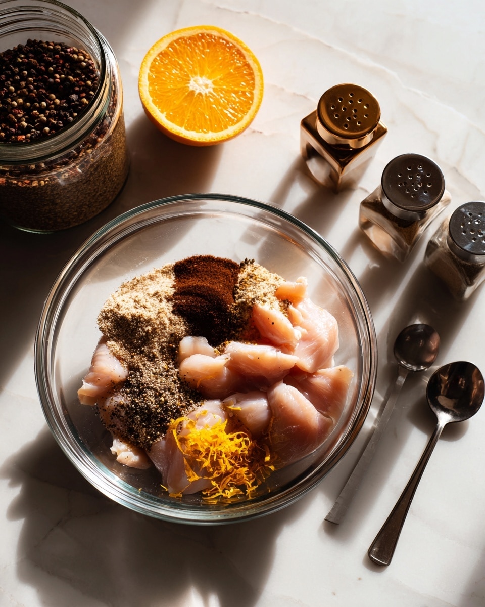 A clear glass bowl sits on a white marbled surface. Inside the bowl are raw pieces of light pink chicken layered with various spices and sauces: a dark brown paste, a light brown powder, black pepper, and bright orange zest. To the left of the bowl is a jar filled with a dark brown substance and next to it a halved orange with bright orange flesh. To the right of the bowl are three spice containers and a silver measuring spoon. The light creates soft shadows and highlights around the bowl and items. Photo taken with an iphone --ar 4:5 --v 7