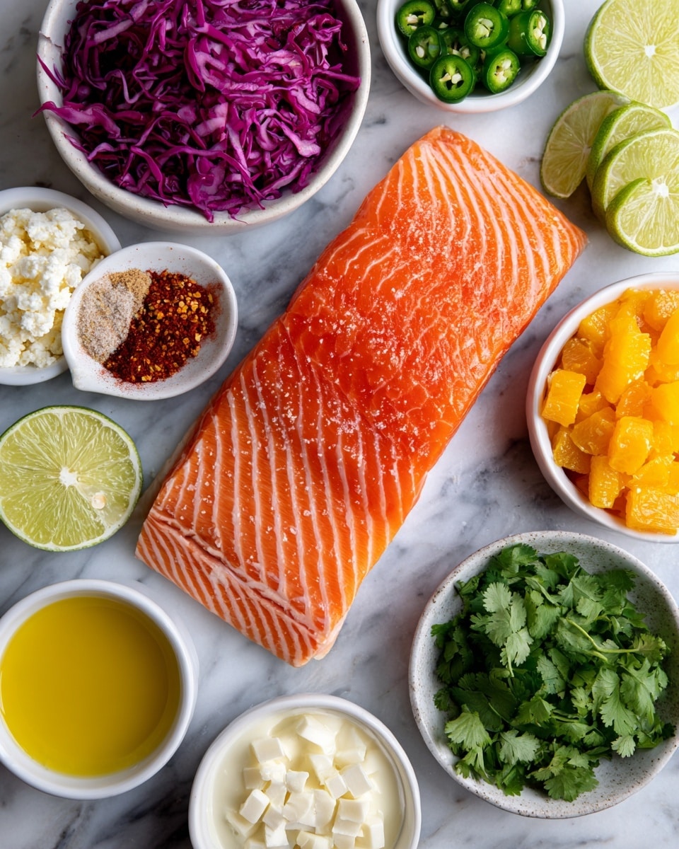 The image shows a large fresh salmon fillet with bright orange color and white stripes, placed in the center on a white marbled surface. Surrounding it are small white bowls filled with various ingredients: shredded purple cabbage at the bottom left, chopped green jalapeño and a garlic clove above it, white crumbly cheese on the top left, brown sugar and red spices mix at the top center, orange chunks on the top right, yellow olive oil, lime slices near the bottom center, white creamy sauce on the bottom right, and fresh green cilantro leaves in two bowls on the right side. The arrangement is neat, with each ingredient clearly visible, and the colors are vivid creating a fresh and ready-to-cook look. photo taken with an iphone --ar 4:5 --v 7