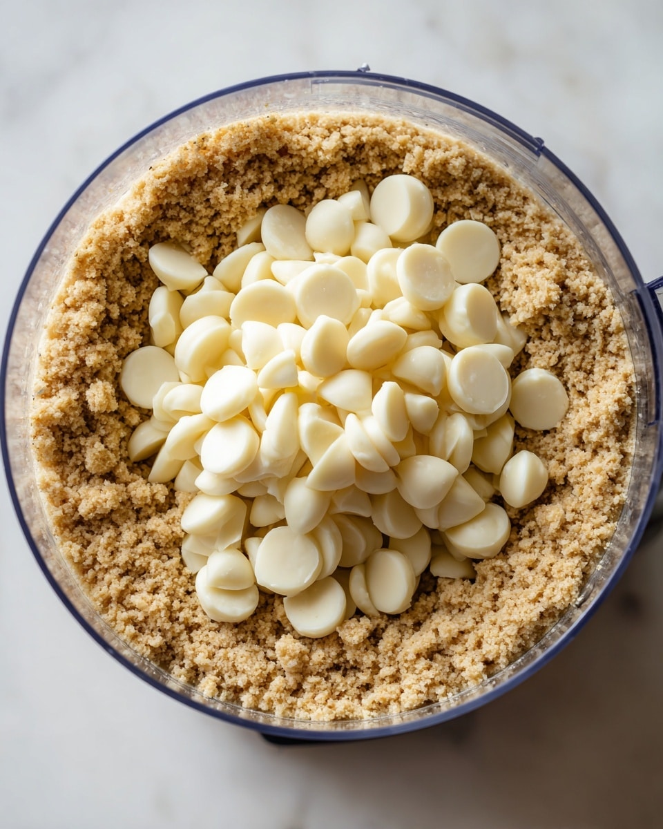 A clear food processor bowl filled with a thick, grainy, light brown mixture that looks like blended oats or nuts. On top of this mixture is a large pile of small, smooth, shiny white chocolate drops. The food processor bowl is placed on a white marbled surface, viewed from above, showing the textures clearly and the bright contrast between the white chocolate drops and the light brown mixture. photo taken with an iphone --ar 4:5 --v 7
