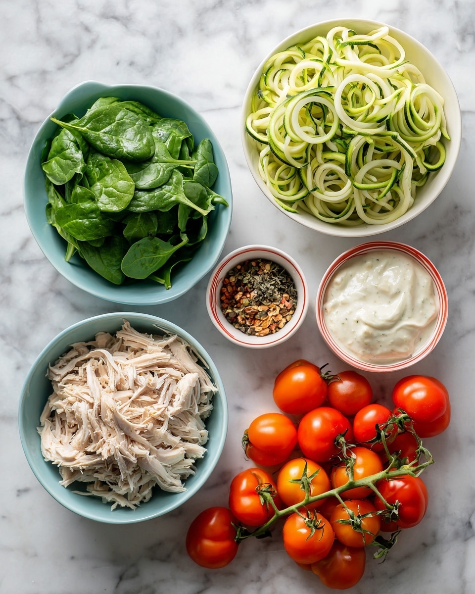 The image shows several bowls and a bunch of cherry tomatoes laid out on a white marbled surface. At the top right is a white bowl filled with light green and pale yellow spiral-shaped zucchini noodles. Below it to the left is a light blue bowl filled with bright green spinach leaves. Below that bowl is another light blue bowl with shredded white chicken. In between the bowls is a small white bowl with a red rim, containing a mix of brown and green spices. To the right of that is a white bowl filled with a creamy white sauce. At the bottom right are bunches of bright red and orange cherry tomatoes still on their green stems. photo taken with an iphone --ar 4:5 --v 7