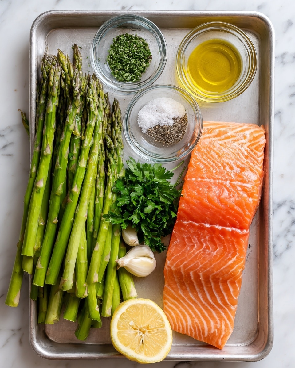 A silver tray sits on a white marbled surface, holding fresh green asparagus spears lined up on the left side. To the right of the asparagus is a bright orange salmon fillet with smooth texture and visible white lines in the flesh. Near the center top, there are three small glass bowls arranged in a slight triangle, containing yellow oil, dried green herbs, and salt with ground pepper. Between the bowls and vegetables, there is a whole peeled garlic clove and a small bunch of fresh green parsley. At the bottom center, a lemon is cut in half, showing its juicy yellow inside. photo taken with an iphone --ar 4:5 --v 7