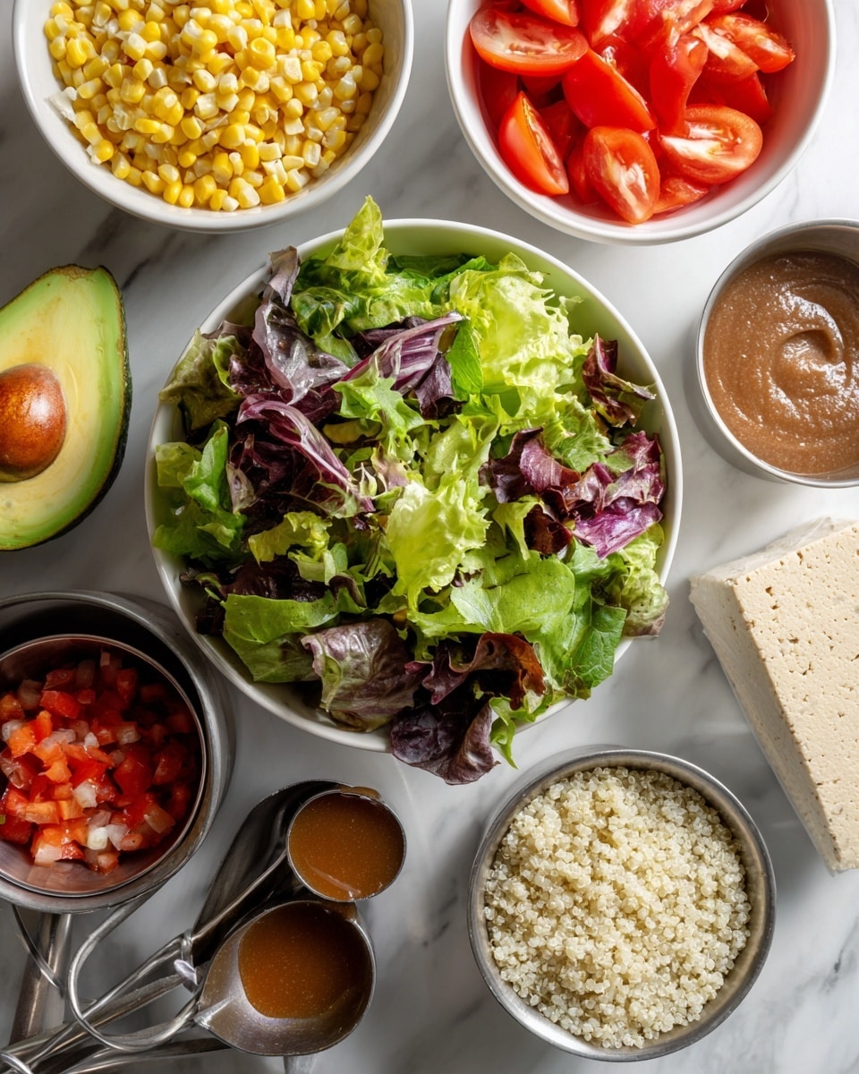 A white bowl filled with fresh mixed green lettuce and purple leaves sits in the center on a white marbled surface. Above it, there is a white bowl holding bright red tomato wedges and to the left, another white bowl with yellow cooked corn kernels. To the right of the salad, a small gray bowl contains fluffy white quinoa grains. Near it is a block of light beige tempeh with a slightly bumpy texture. Below the quinoa, two metal measuring cups are placed; one holds small diced red tomatoes, and the other contains a smooth brown sauce. To the left of the salad, a half of an avocado with a large brown seed is placed. Photo taken with an iphone --ar 4:5 --v 7