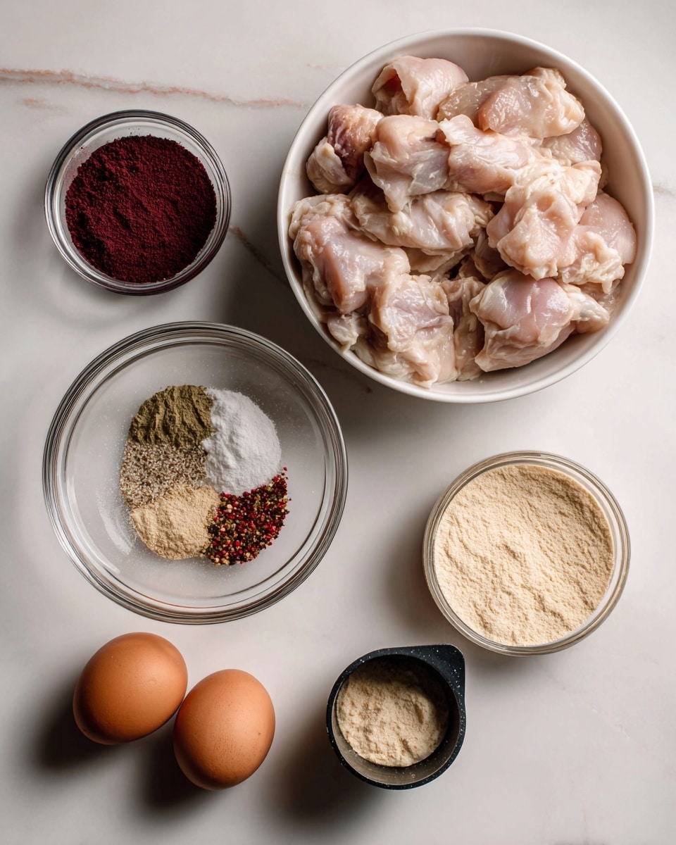 The image shows an overhead view of several ingredients on a white marbled tile surface. On the right side, there is a white bowl filled with raw, light pink chicken pieces. To its left, a medium glass bowl contains two powders divided: one dark brown and one light beige. Below that, a small glass bowl has a mix of green, red, and white spices. Next to it on the right, a black measuring cup filled with a pale yellow powder is placed. At the bottom left corner are two brown eggs lying on the surface with no container. The setup is neat and organized, ready for cooking. photo taken with an iphone --ar 4:5 --v 7