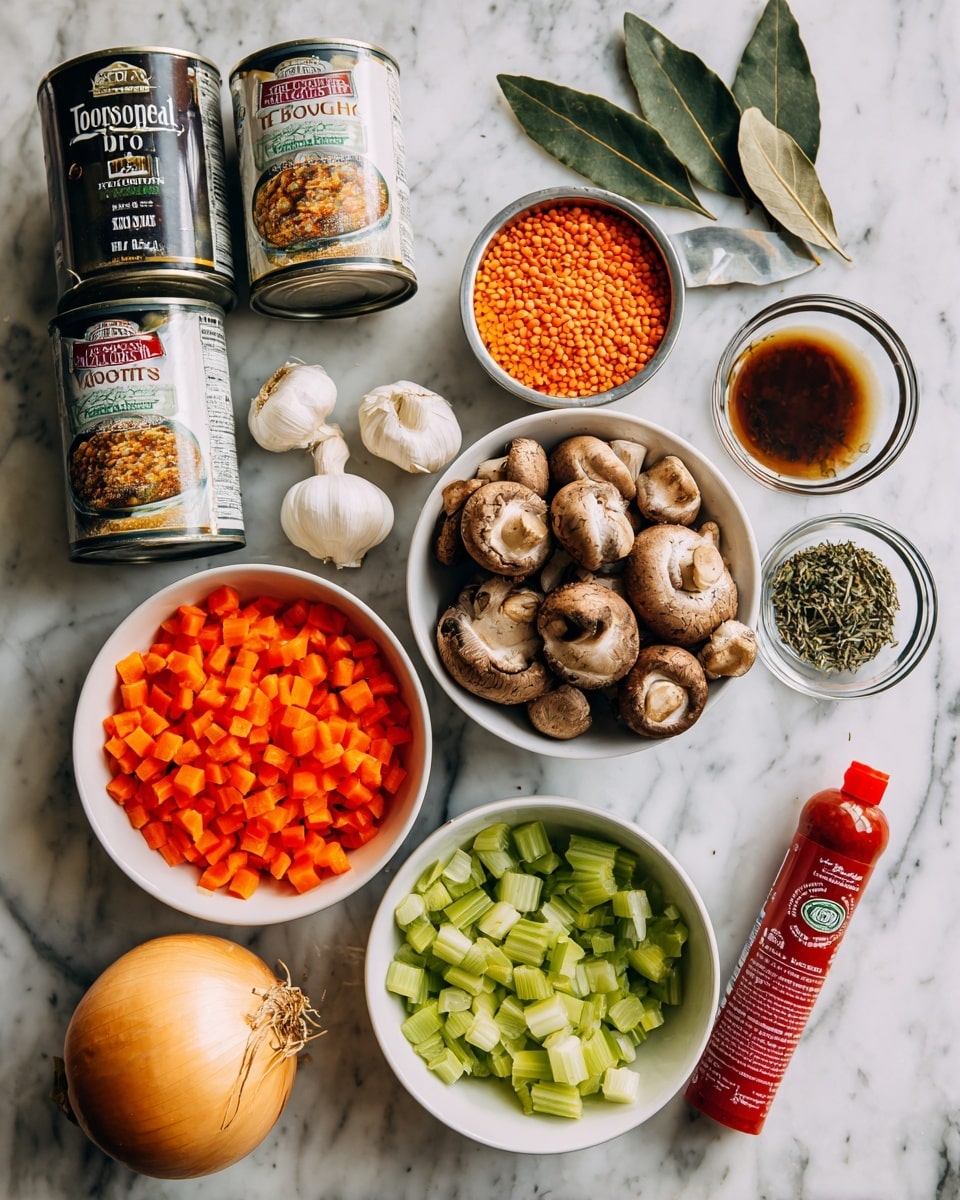 The image shows a flat lay of cooking ingredients on a white marbled surface. There are two white bowls on the right side, one with brown mushrooms that have some light and dark patches, and below it one with bright green chopped celery. Below that, another white bowl holds bright orange chopped carrots. Towards the left side, there is a whole yellow-brown onion at the bottom and three garlic cloves near it. Above, two white cans of crushed Italian tomatoes are stacked vertically. To the left of the cans is a black tin labeled