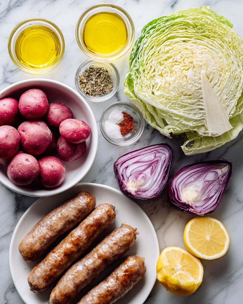 The image shows raw ingredients arranged on a white marbled surface. On the left side, there is a white bowl filled with small red potatoes, smooth and round. Above the bowl is a half head of green cabbage with tightly packed, pale green to white leaves. Next to the cabbage, there are two small glass bowls; one contains yellow olive oil, and the other has mixed spices in red, black, and white colors. On the right side, a white plate holds four brown sausages with a slightly shiny texture. Above the sausages, two halves of a purple onion display concentric layers, and two lemon wedges sit next to them, bright yellow and fresh looking. The overall scene feels fresh and ready for cooking photo taken with an iphone --ar 4:5 --v 7