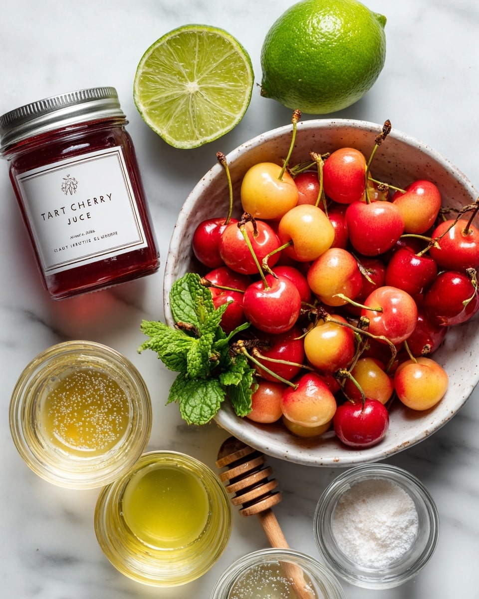 A white bowl filled with fresh Rainier cherries showing colors from yellow to red with stems on top, placed on a white marbled surface. Above the bowl are two halves of a lime showing a pale green inside and a small sprig of mint leaves with bright green color. To the left is a small jar with a silver lid labeled
