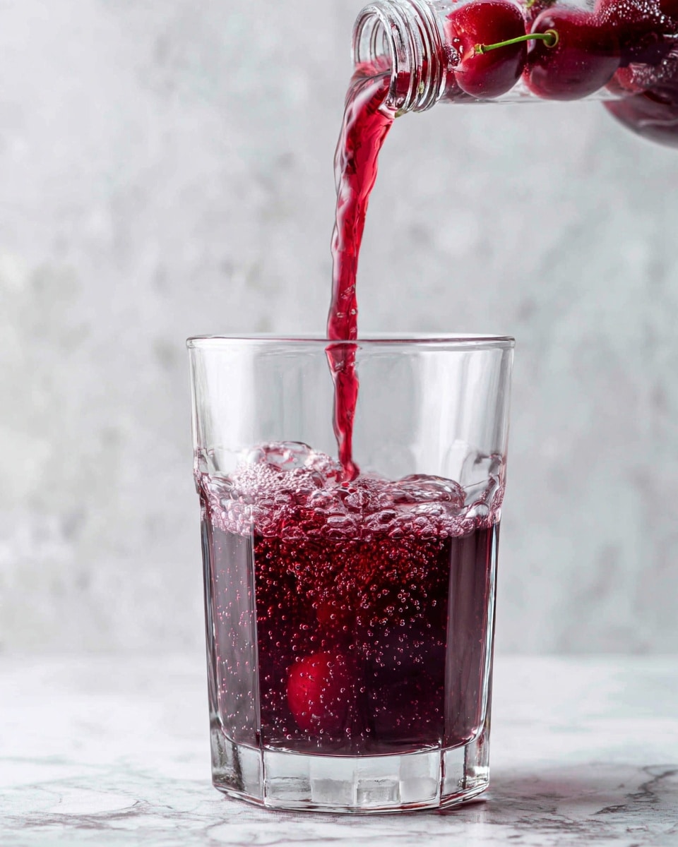 A clear glass is shown being filled with a deep red liquid poured from a bottle with a cherry design near its neck. The liquid streams smoothly into the glass, creating ripples and small bubbles at the bottom. The background and surface are white with a marbled texture, making the vibrant red color of the liquid stand out sharply. The glass is simple and transparent with no visible patterns or decorations. photo taken with an iphone --ar 4:5 --v 7