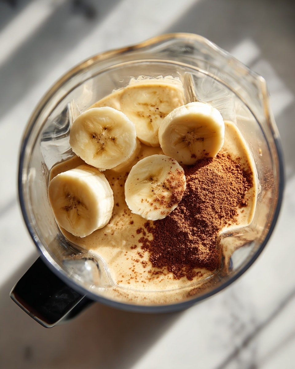 A clear blender cup sits on a white marbled surface, containing three layers: at the bottom is a beige creamy liquid, above it are round slices of banana with light yellow flesh showing star-like patterns in the center, and sprinkled on top is a light brown powder, likely cinnamon. The blender handle is black, facing downwards in the image. The lighting is bright and natural, highlighting the smooth texture of the liquid and the softness of the banana slices. photo taken with an iphone --ar 4:5 --v 7