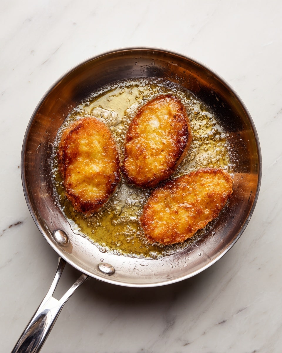 A top view of a metal frying pan with three golden brown fried pieces of food soaked in light brown cooking oil, each piece having a slightly textured surface with crispy edges, arranged close to each other but not touching. The pan is placed on a white marbled surface, and the pan handle extends to the left side with another small handle on the right. The oil glistens slightly, showing bubbles near the edges of the pieces photo taken with an iphone --ar 4:5 --v 7