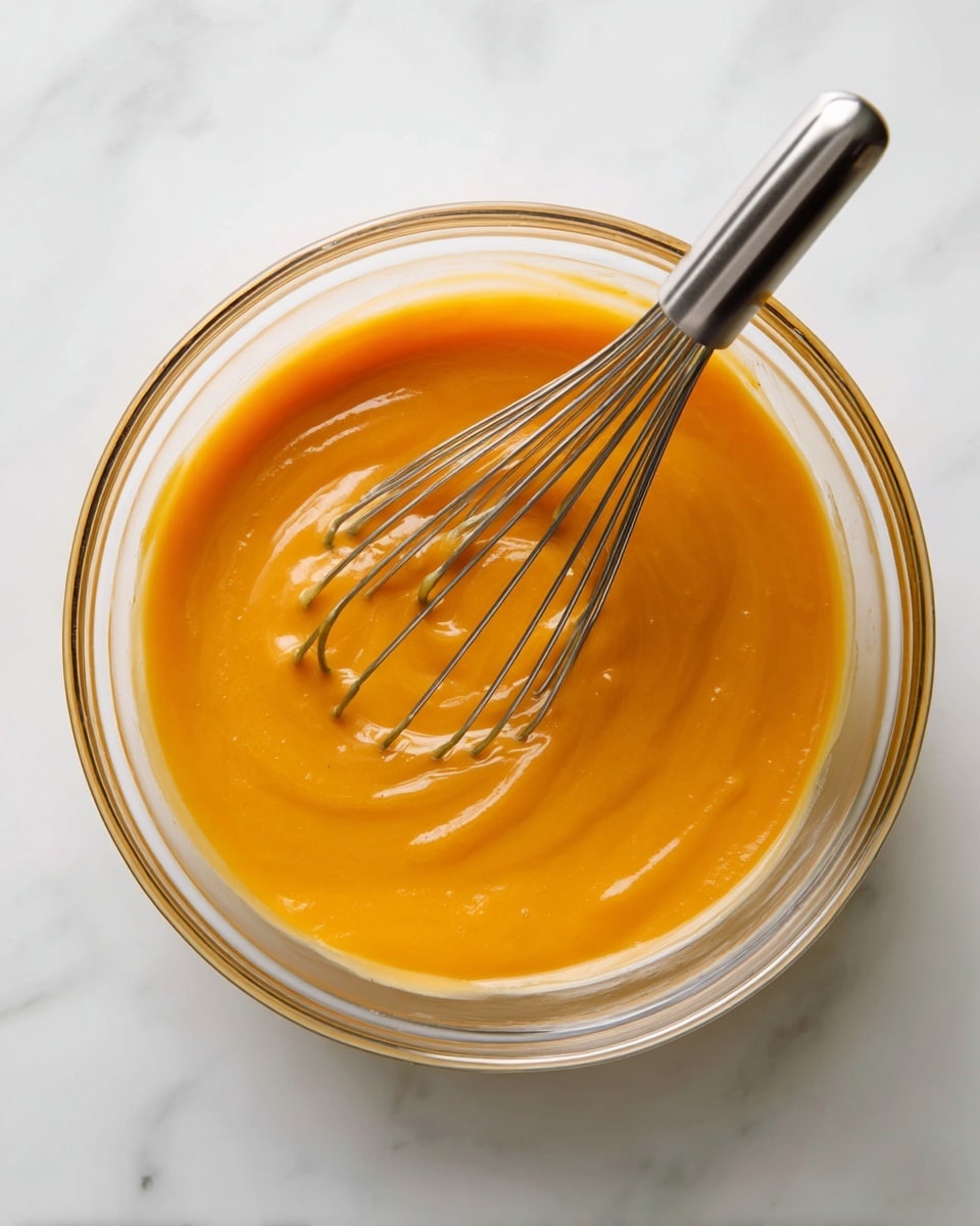 A clear glass bowl filled with a smooth, creamy orange mixture, slightly thick in texture, with a shiny surface. Inside the bowl, there is a metal whisk partially covered in the mixture, resting near the center. The bowl is placed on a white marbled surface, making the orange color stand out brightly. The lighting highlights the glossy texture of the mixture and the reflective whisk. photo taken with an iphone --ar 4:5 --v 7