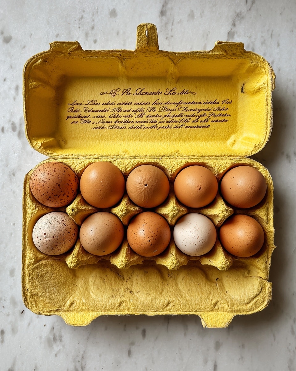 A yellow cardboard egg carton holds a dozen brown eggs arranged in two rows of six, each egg showing slightly different shades of brown and some with subtle speckles, the carton lid open and revealing printed text in brown ink on the inside surface, all placed on a white marbled background. photo taken with an iphone --ar 4:5 --v 7