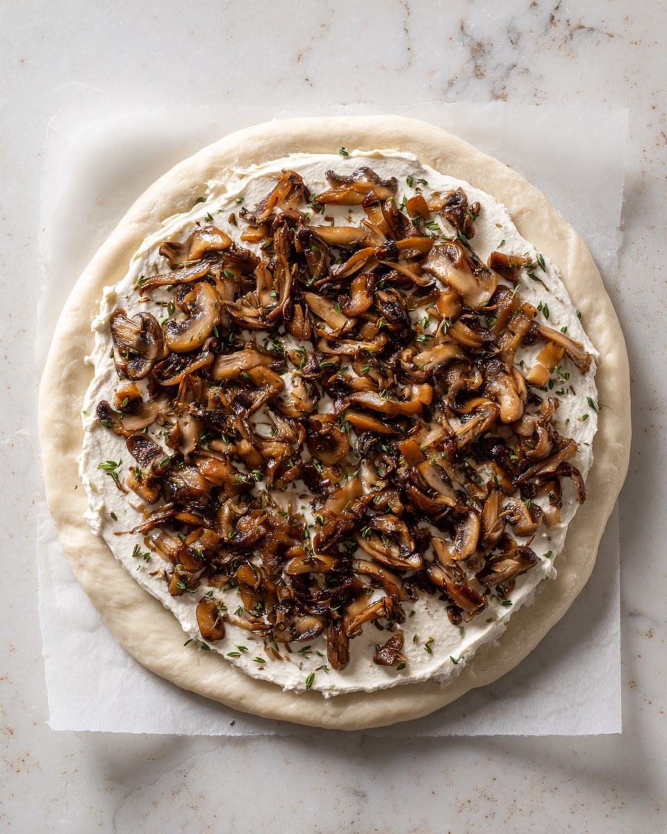 The image shows a flat round dough layer with small green herbs scattered inside, laid out on white parchment paper over a white marbled surface. On top of the dough, there is a smooth white creamy layer spread evenly near the center, creating the second layer. The top layer consists of a generous pile of cooked mushrooms with an earthy brown color and slightly glossy texture, covering the creamy layer. The layers are centered in the image, with the edges of the dough slightly rough and uneven. photo taken with an iphone --ar 4:5 --v 7