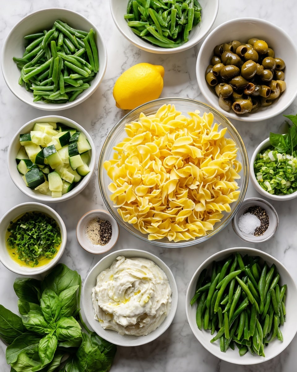 A top view of many small white bowls and one clear bowl arranged on a white marbled surface. The clear bowl in the center holds a pile of yellow cooked pasta with a curly shape. Surrounding it are white bowls filled with chopped green beans, green asparagus pieces, chopped cucumber, green olives, chopped chives, and a creamy white sauce. There is also a whole yellow lemon and a small bowl with a light yellow liquid, probably oil. Some smaller bowls contain salt, black pepper, and minced garlic. Fresh green spinach leaves and fresh basil leaves are placed beside the bowls. Photo taken with an iphone --ar 4:5 --v 7