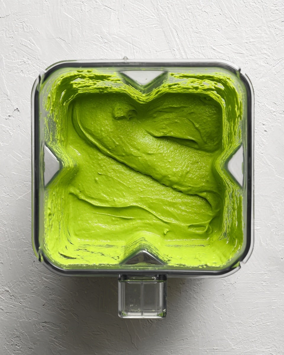 The image shows a clear blender container filled with a thick, bright green creamy mixture. The mixture has a smooth texture and is spread evenly around the sides and bottom of the blender. The background is a white marbled surface, and the blender is seen from above, showing its square shape with rounded edges and a small handle on one side. The vibrant green color contrasts with the transparent walls of the blender and the white marbled surface beneath it. Photo taken with an iphone --ar 4:5 --v 7